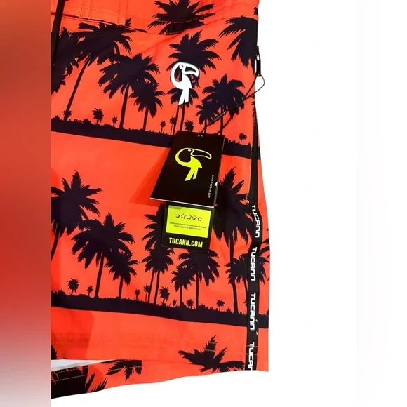 NWT Tucann Black Orange Palm 3” Swim Shorts - Mens Size Large